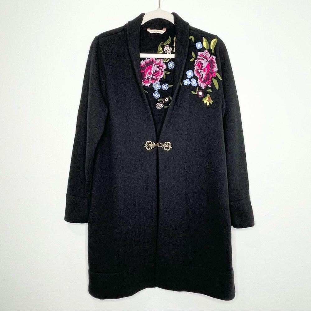 Soft Surroundings Black Cardigan with Floral Embroidery